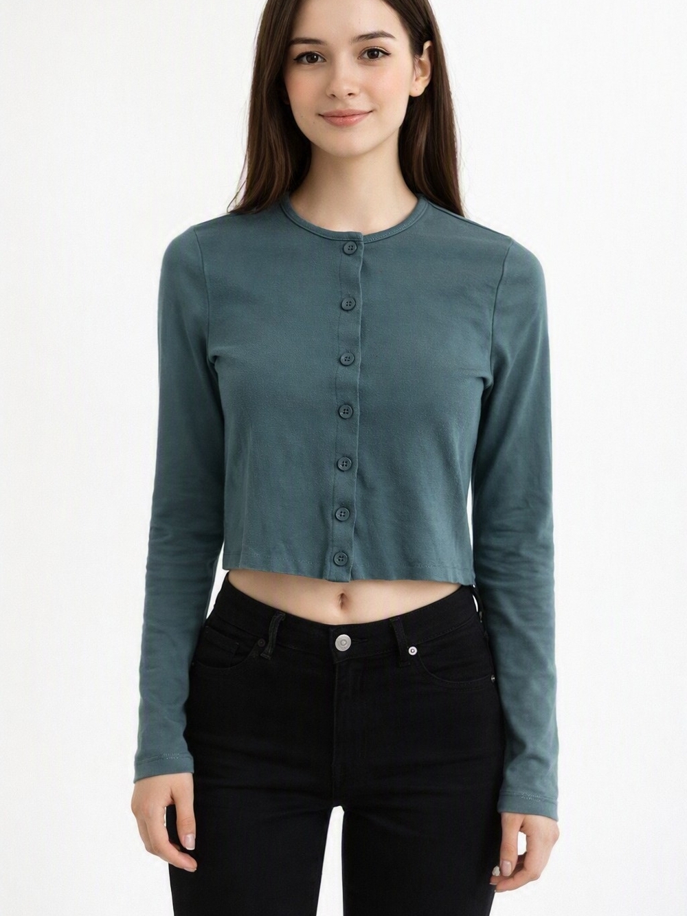 Urban Outfitters Teal Button-Front Cropped Long Sleeve Top